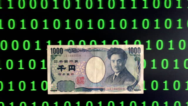 japanische-Yen-Banknoten-unter-den-Binär-Code-Hintergrund,-Kryptowährung-Konzept.