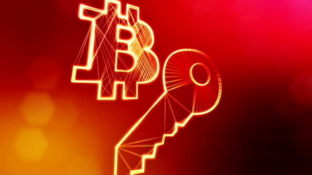 lock-and-bitcoin-icon.-Financial-background-made-of-glow-particles-as-vitrtual-hologram.-Shiny-3D-loop-animation-with-depth-of-field,-bokeh-and-copy-space..-Red-background-v1