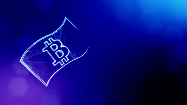 Bitcoin-auf-einer-Papier-Banknote.-Finanzieller-Hintergrund-aus-Glühen-Teilchen-als-Vitrtual-Hologramm.-Glänzende-Schleife-3D-Animation-mit-Tiefe-Feld,-Bokeh-und-Kopie.-Blauer-Hintergrund-1