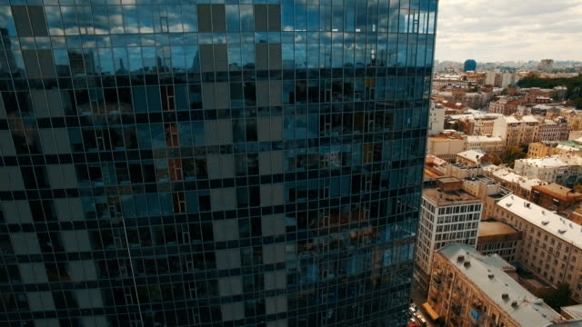 Aerial-footage-of-modern-business-center-in-the-middle-of-the-old-town