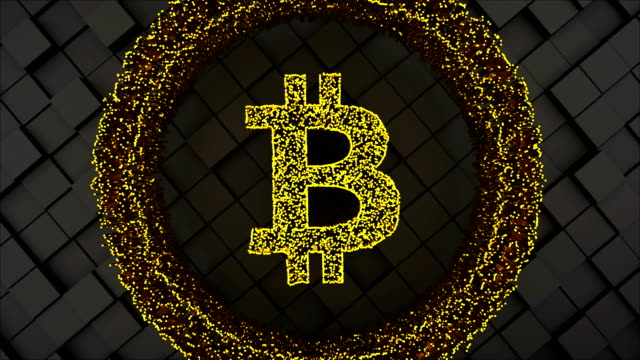 Bitcoin-Münz-Symbol-mit-vielen-Partikeln-und-quadratische-Fläche,-Computer-generiert-abstrakte-Technik-Hintergrund