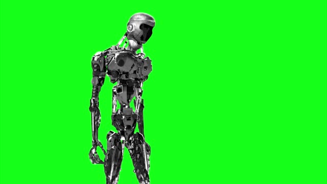 3D-auf-einem-grünen-Hintergrund-Rendern-läuft,-Cyborg,-walking-Robot