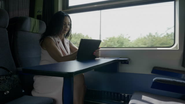 Geschäftsfrau-pendelt-im-Zug-mit-der-Arbeit-auf-Tablet-PC-ins-Büro