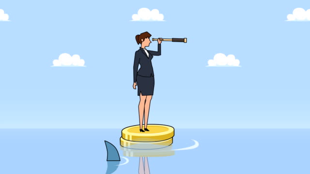 Flat-cartoon-businesswoman-character-looks-through-spyglass-floating--near-sharks-on-dollar-coins-animation
