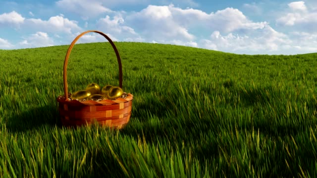 Basket-with-dyed-easter-eggs-among-green-grass-3D-animation