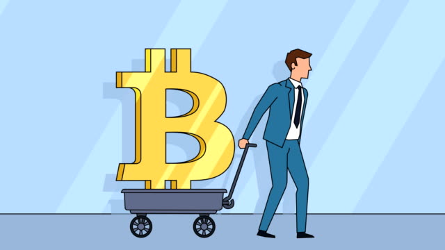 Flat-cartoon-businessman-character--pulls-cart-with-bitcoin-sign-money-concept-animation-with-alpha-matte