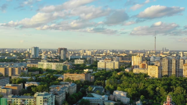 Aerial-view-of-the-church,-modern-buildings-and-Ostankino-tower