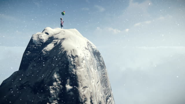 Abandoned-little-girl-holding-balloons-on-top-of-a-mountain-covered-with-snow,-timelapse-winter-to-spring,-4K