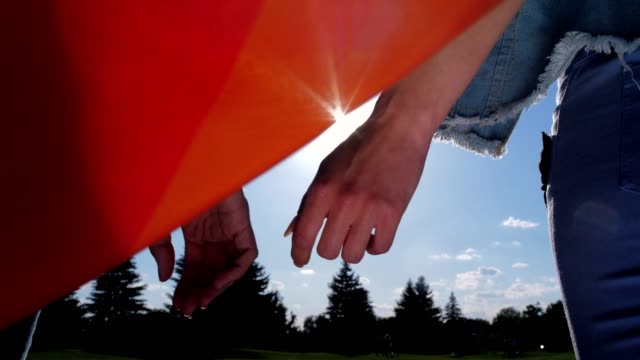 Lesbische-paar-verbinden-Hände-Blick-auf-helle-Sonne