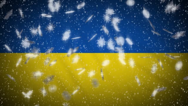 Ukraine-flag-falling-snow-loopable,-New-Year-and-Christmas-background,-loop
