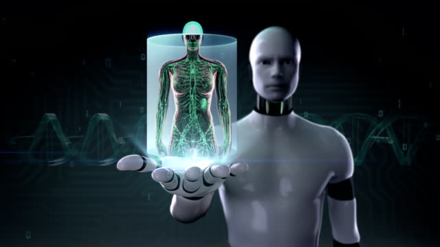 Robot-open-palm,-Female-Human-body-scanning-lymphatic-system.