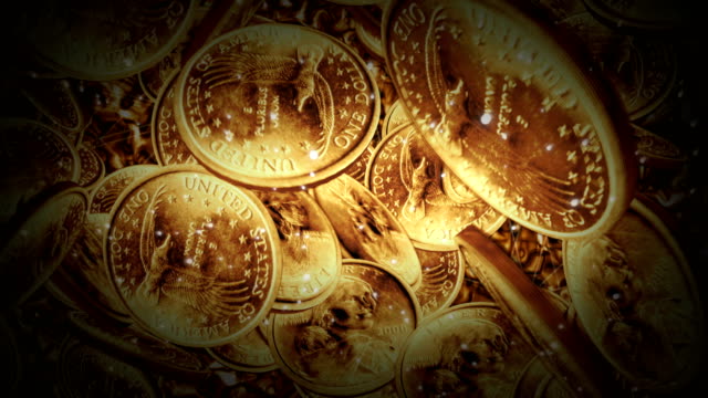 Ein-Dollar-Münzen-Flug-auf-flüssigem-Gold-Hintergrund