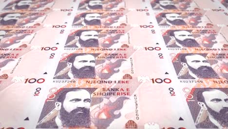 Banknotes-of-one-hundred-albanian-lek-of-the-bank-of-Albany-rolling-on-screen,-coins-of-the-world,-cash-money,-loop