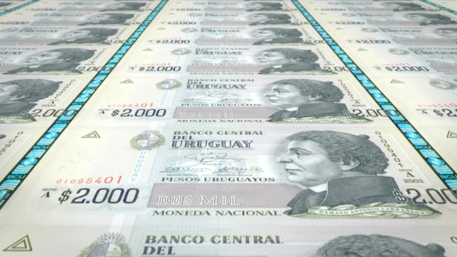 Banknoten-der-zweitausend-uruguayischer-Peso-von-Uruguay,-Bargeld,-Schleife