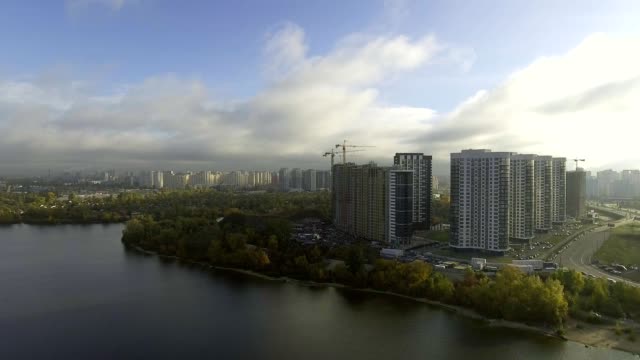 Flight-over-the-embankment-of-the-city-of-Kiev,-Ukraine