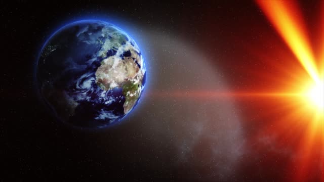 3D-Animation-der-Erde-im-Weltraum-mit-Sonne-umkreisen