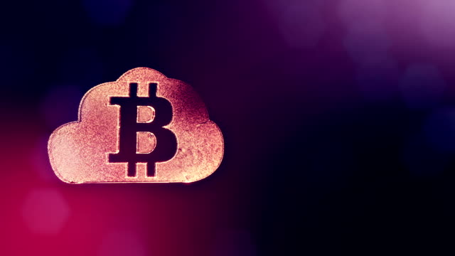 Sign-of-bitcoin-logo-inside-the-cloud.-Financial-background-made-of-glow-particles-as-vitrtual-hologram.-Shiny-3D-loop-animation-with-depth-of-field,-bokeh-and-copy-space.Violet-background-1