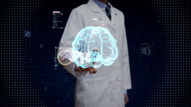 Científico,-Ingeniero-tocar-cerebro-digital,-forma-de-cerebro-conectada-puntos,-líneas-digitales-en-interfaz-del-indicador-digital,-crecer-futuro-inteligencia-artificial.