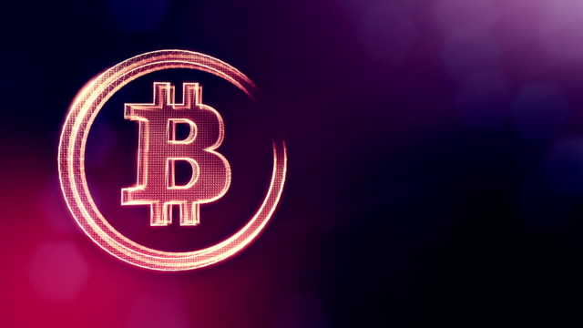 Bitcoin-Logo-auf-einer-Münze-von-Partikeln.-Finanzieller-Hintergrund-aus-Glühen-Teilchen-als-Vitrtual-Hologramm.-Glänzende-Schleife-3D-Animation-mit-Tiefe-Feld,-Bokeh-und-Kopie.-Violette-Farbe-v2