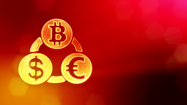 Symbol-Bitcoin-Euro-und-Dollar-in-eine-kreisförmige-Reihe.-Finanziellen-Hintergrund-Glühen-Teilchen-gemacht.-Glänzende-nahtlose-3D-Animation-mit-Tiefe-von-Feld,-Bokeh-und-Kopie-Raum.-Rote-Farbe-v2