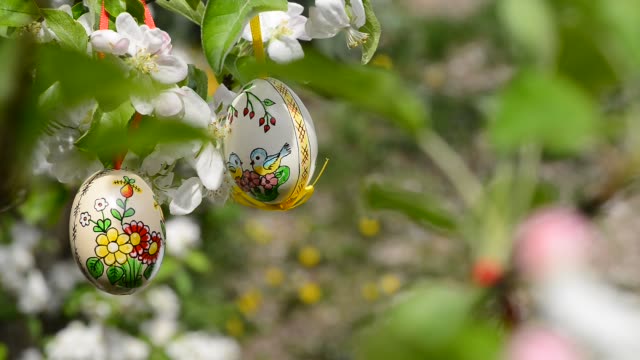 Colgando-en-la-rama-de-manzano-en-el-jardín-los-huevos-de-Pascua