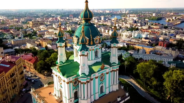 Famouse-Kiev-Ukraine-St-Andrew's-Church-.-View-from-above.-aerial-video-footage.-the-camera-flies-very-close-to-the-dome-of-the-church