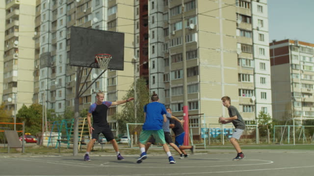 Active-teeange-friends-playing-streetball-outdoors