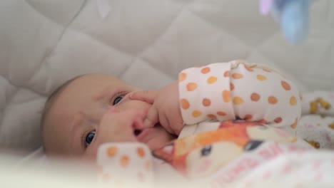 Baby-von-sechs-Monaten-mit-den-Fingern-in-den-Mund