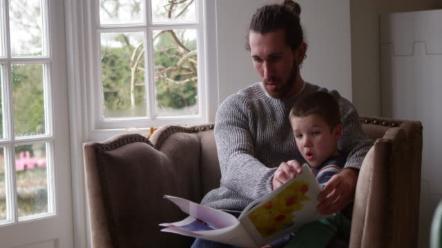 Father-Sits-In-Chair-At-Home-Reading-Book-To-Son-Shot-On-R3D