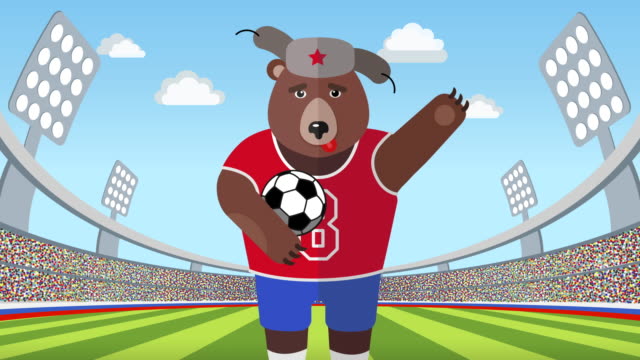 Russische-Bär-mit-einem-Fußball-im-Stadion-Nahaufnahme