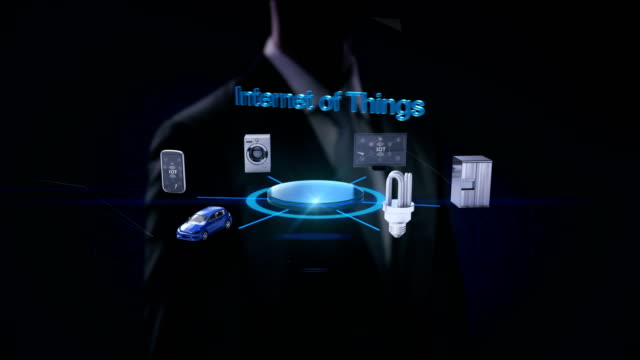 Businessman-touching-'Internet-of-things'-connecting-mobile,-car,-energy-saving,-washer,-refrigerator,-smart-home-devices,-4k-movie.