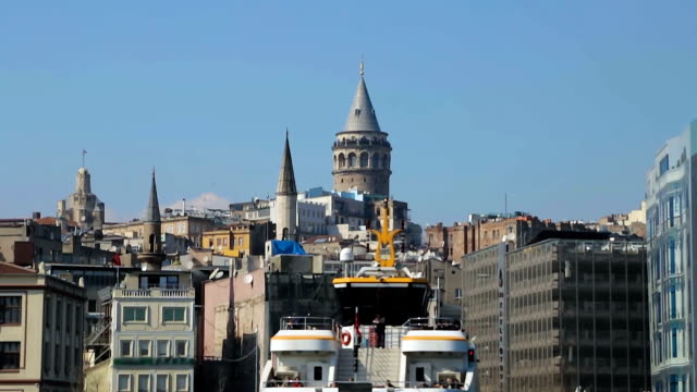 Galata-Tower-view,-reconstruction-of-ancient-buildings,-transport-in-Stambul