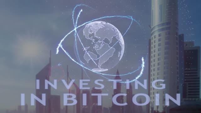 Investitionen-in-Bitcoin-Bargeld-Text-mit-3d-Hologramm-des-Planeten-Erde-vor-dem-Hintergrund-der-modernen-Metropole