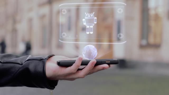 Männliche-Hände-zeigen-auf-Smartphone-konzeptionelle-HUD-Hologramm-moderne-Roboter