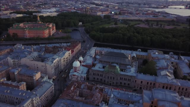 Aerial-view-of-Saint-Petersburg,-Russia.-Old-central-city-high-point-view,-summer-evening