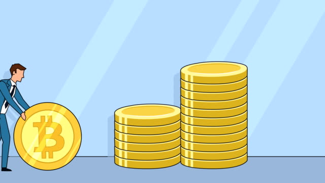 Flache-Zeichentrickfigur-Geschäftsmann-rollen-Bitcoin-Münzmünze-Geldkonzept-Animation