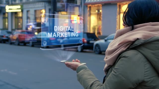 Woman-interacts-HUD-hologram-Digital-marketing