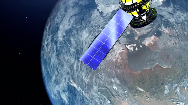 Satellit-fliegt-über-die-Erde-im-Weltraum,-4K-Auflösung-Video