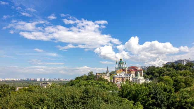 Famous-St.-Andrew’s-Church-and-panorama-of-Kyiv-city-in-Ukraine.-4k-time-lapse