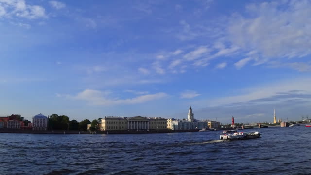 Vista-panorámica-de-gran-angular-de-San-Petersburgo,-Rusia.-Barcos-en-el-río-Neva.