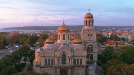 Varna-cityscape,-aerial-view-over-the-city-and-The-Cathedral-of-the-Assumption