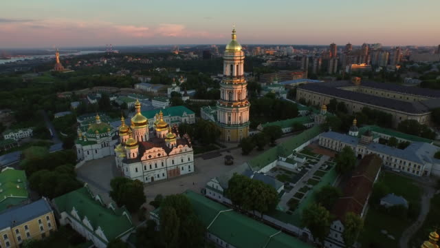 Aerial-view-Kiev-Pechersk-lavra-on-evening-sunset.-Mother-Motherland-landscape