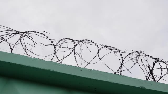 Barbed-wire-in-prison.-Jail-wire-with-barb.-Green-fence-with-barbed-wire-against-grey-sky.