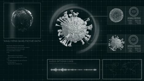 Futurista-HUD-Cabeza-pantalla,-animación-de-estudio-de-virus-y-análisis-por-tecnología.-Concepto-de-laboratorio-de-tecnología-médica.