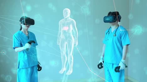 Doctor-and-nurse-wear-VR-goggle-3D-body-scan-analyze-hologram,-AR-technology-health-care-research.-Future-digital-technology-futuristic-background.