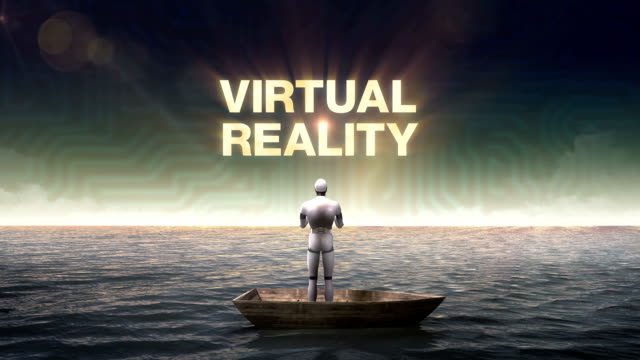 "Virtual-Reality",-Vorderseite-des-Roboters-auf-Schiff,-Ozean,-Meer-steigt.