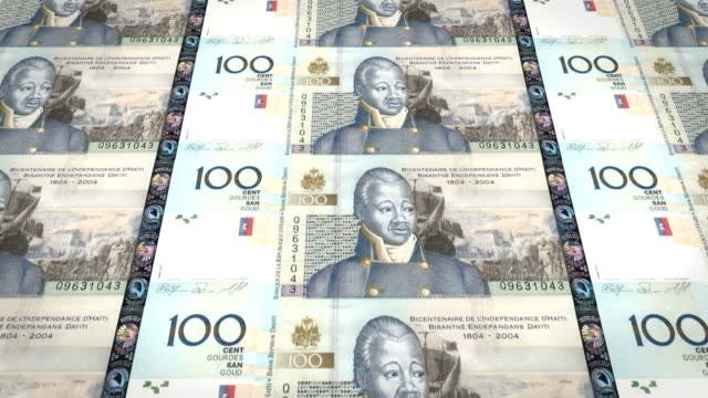 Banknoten-der-hundert-Haiti-Gourdes-von-Haiti,-Bargeld,-Schleife