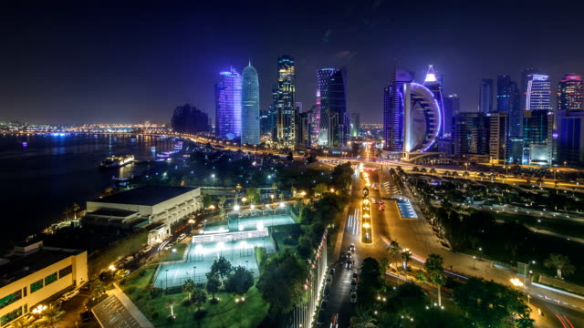 El-horizonte-de-la-zona-de-West-Bay-desde-la-parte-superior-en-timelapse-de-Doha,-Qatar