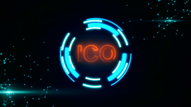 Abstrakte-leuchtende-digitale-Währungsschaltfläche-ICO-mit-Verbindungstür-Punkte-und-flares