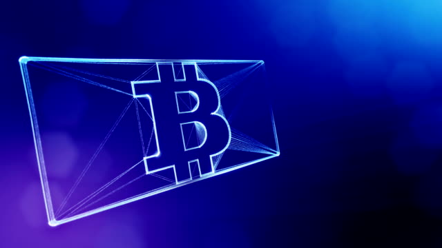 Sign-of-bitcoin-in-the-card.-Financial-background-made-of-glow-particles-as-vitrtual-hologram.-Shiny-3D-loop-animation-with-depth-of-field,-bokeh-and-copy-space.-Blue-background-1.